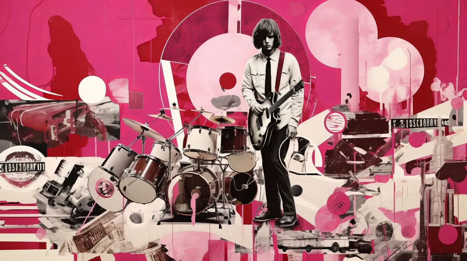 Illustration collage, guitariste et batterie sur fond rose